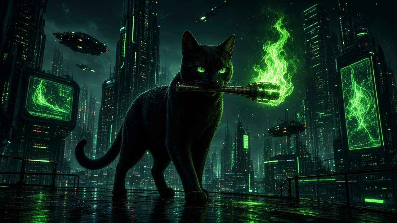 Torch Cat holding a torch over the city